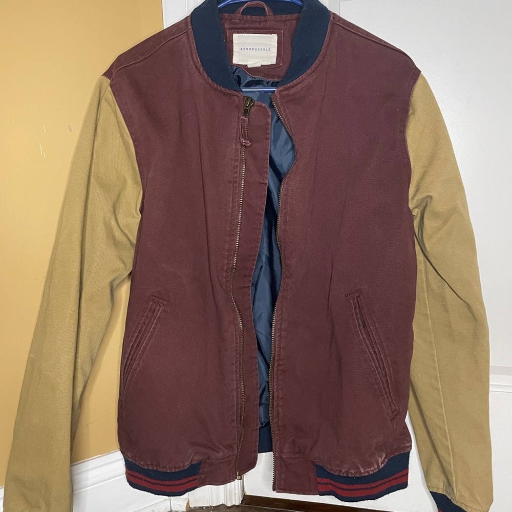 Aéropostale Burgundy and Tan Bomber Jacket